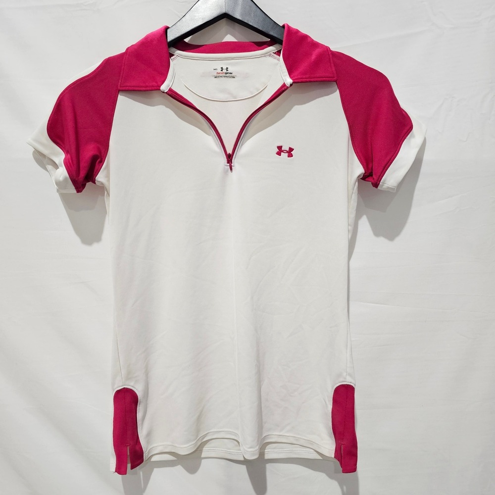 Under Armour HeatGear Womens Medium White Pink Quarter Zip Polo Shirt Athletic